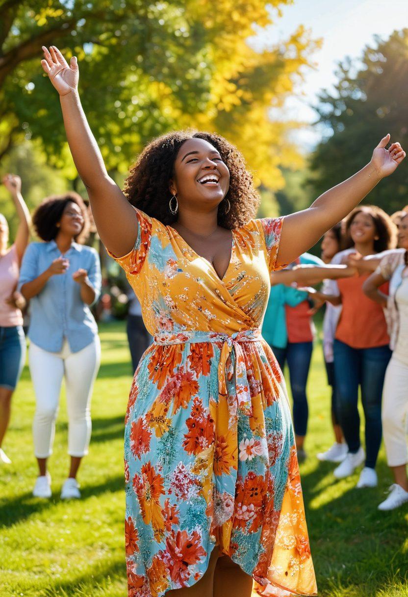 A confident, curvy woman standing in a sunlit park, with a radiant smile and open arms, surrounded by diverse friends celebrating together. Showcase vibrant colors of nature, emphasizing the joy of self-love and healthy relationships. Include elements like blooming flowers and gentle sunlight to enhance the atmosphere of positivity and warmth. super-realistic. vibrant colors.