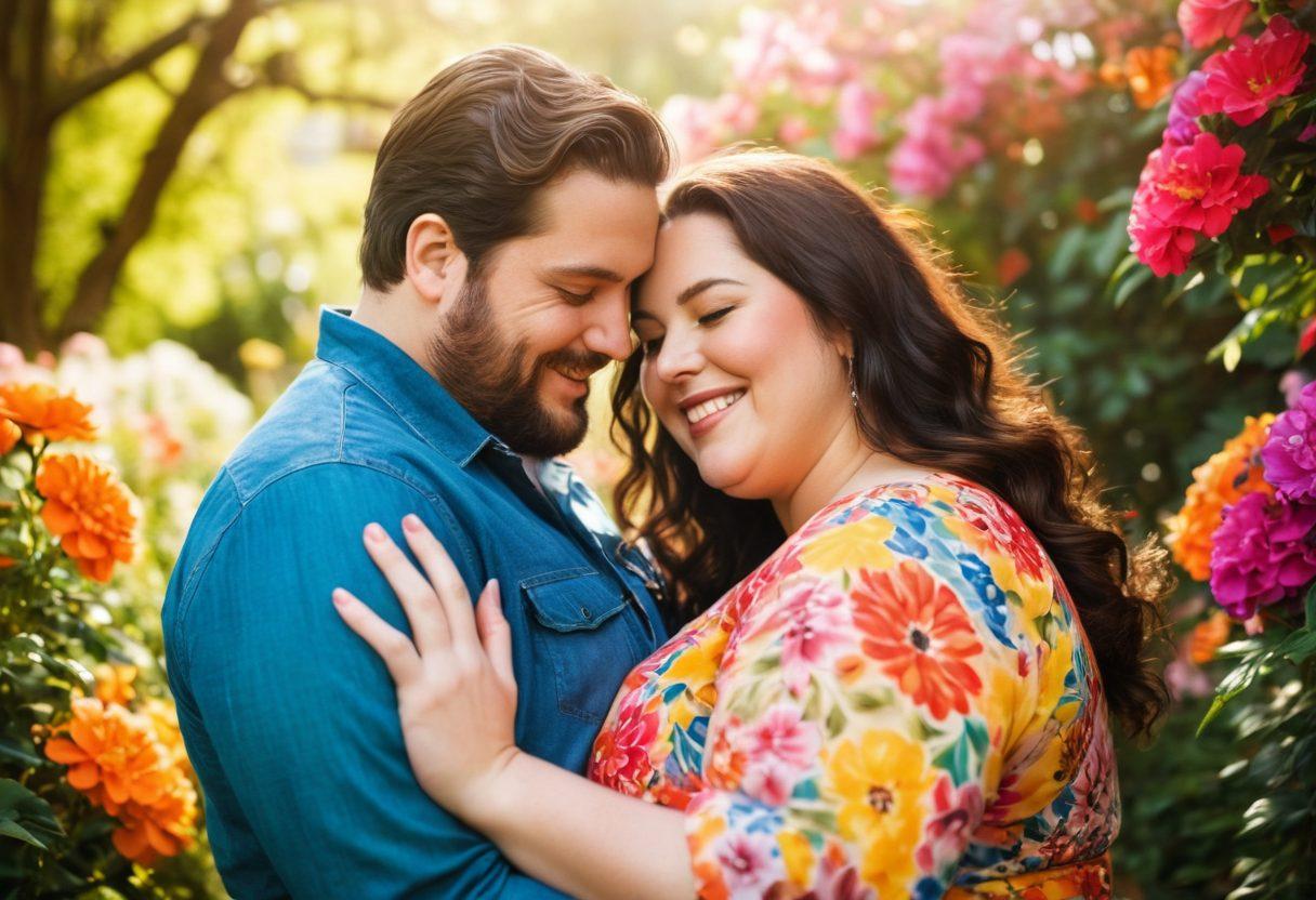 A plus-size couple joyfully embracing in a blooming garden filled with colorful flowers, showcasing love and affection. The scene captures warmth and intimacy, with soft sunlight filtering through the trees, creating a romantic atmosphere. Include elements of diversity and confidence in their appearance, highlighting beauty in all forms. vibrant colors. soft focus. natural setting.