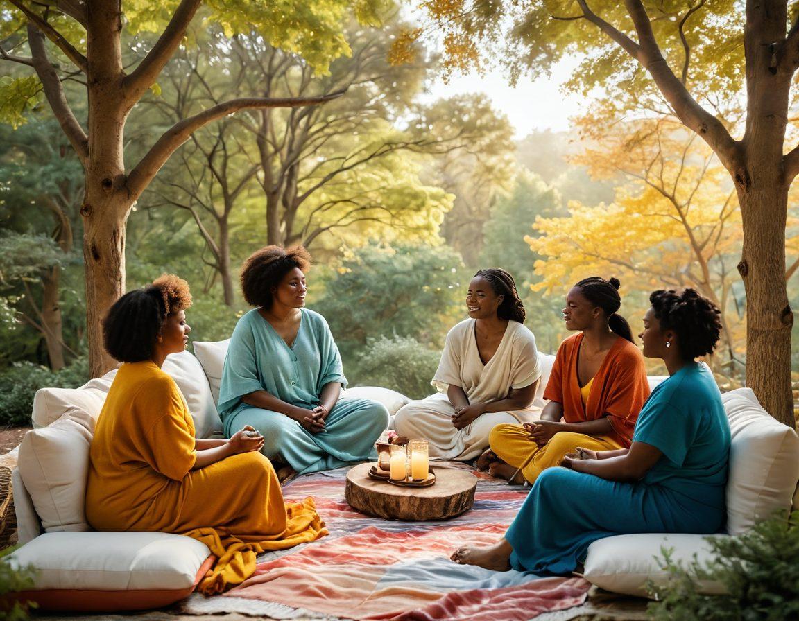 A serene scene depicting diverse individuals in a warm, inviting space, engaged in meaningful conversations, celebrating body positivity. Incorporate elements of nature like soft sunlight filtering through trees, and gentle textures like cozy blankets and cushions. Emphasize connections through subtle gestures like holding hands or eye contact, promoting a sense of intimacy and self-worth. Include vibrant colors to evoke warmth and comfort. super-realistic. vibrant colors. soft textures.